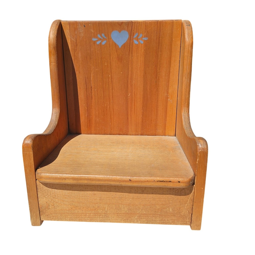 Vintage Handmade Wooden Doll Chair Blue Heart Folk Art Country‎ Display Bench